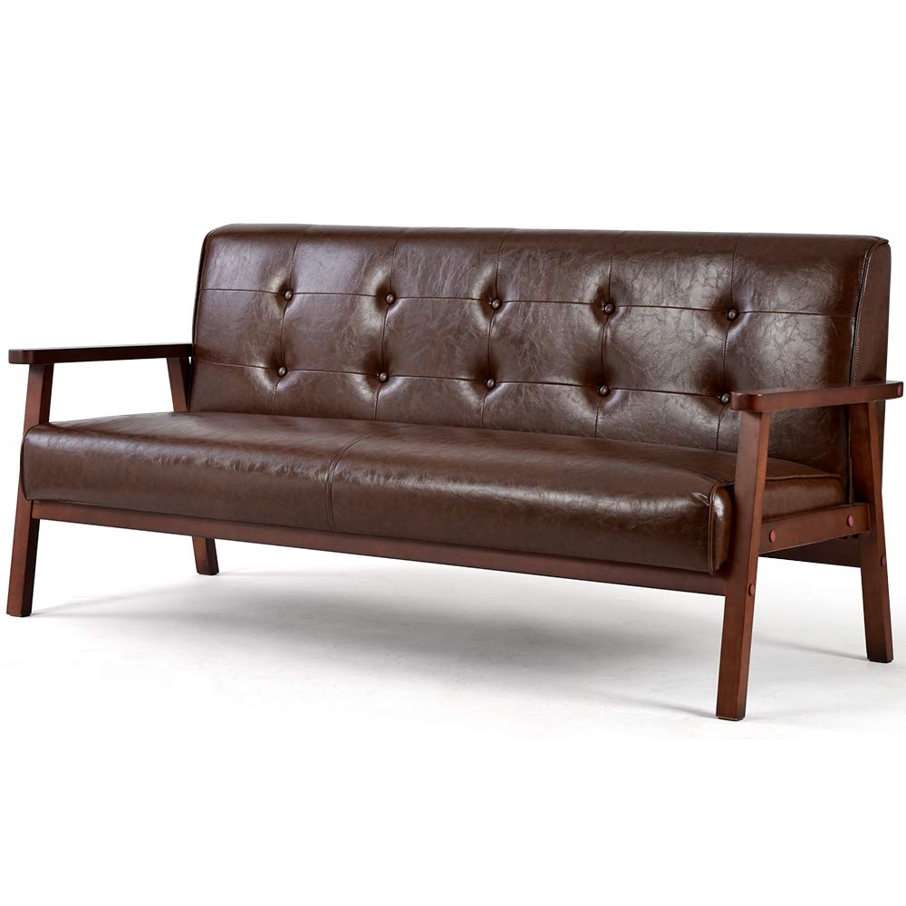 ソファ カウチ ソファー 3人掛け 3Pソファ 3人掛けソファー 肘付き レトロ モダン 天然木 かんたん組立 北欧 ロボット掃除機も通れる 幅約165cm (3人掛け，ブラウン，レザー)