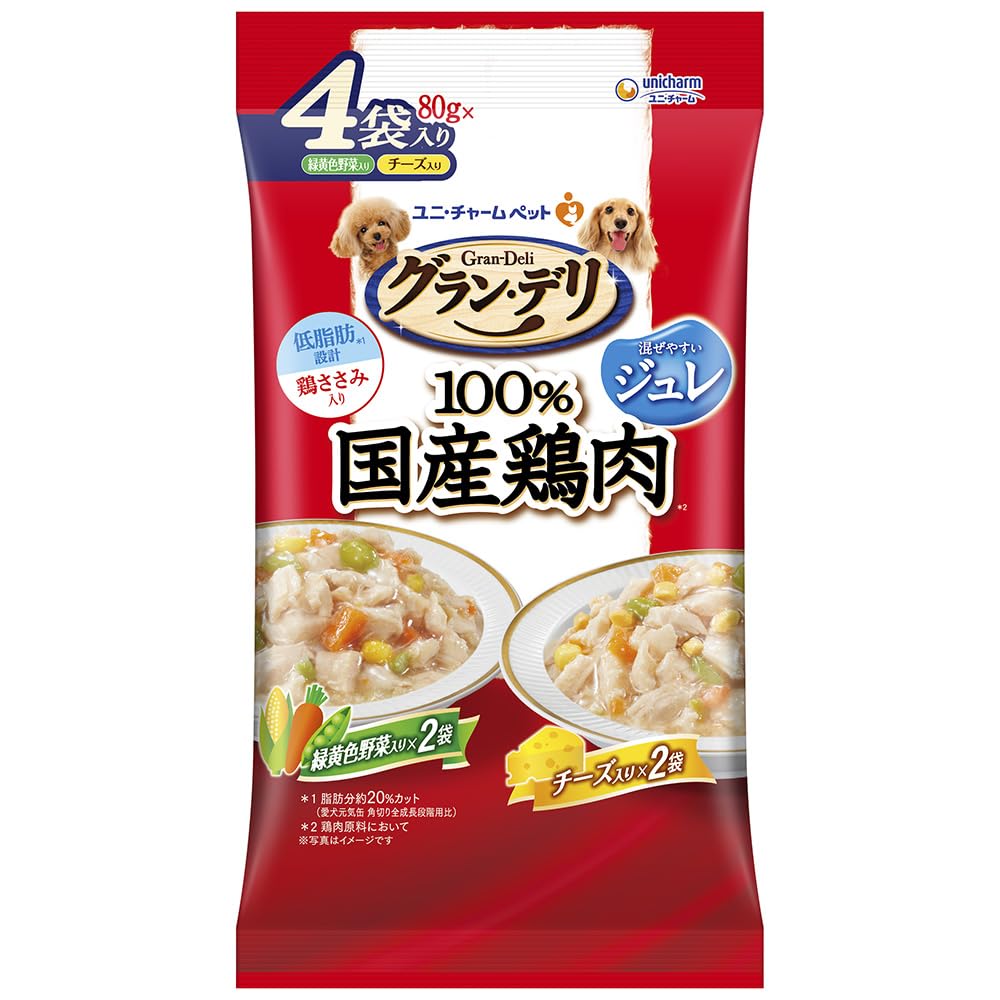 グランデリ ドッグフード ウェット 100％国産鶏肉 パウチ ジュレ 成犬用 緑黄色野菜・チーズ 80g×4袋×16個セット 国産 ユニチャーム