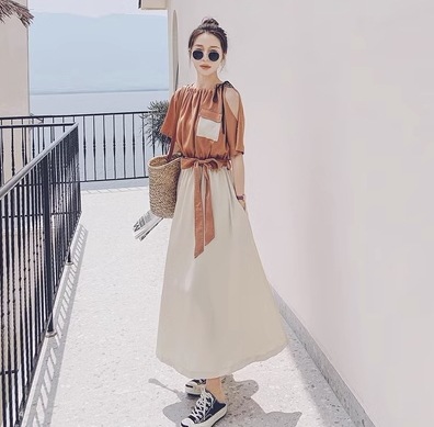 ワンピース ツーピース風 ミモレ丈 オフショル ドッキング デザイン ラウンドネック トリム 美ライン ニュアンス ウエストマーク かわいい 大人可愛い きれいめ シンプル カジュアル 上品 おしゃれ
