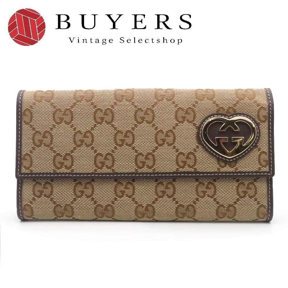 中古 長財布 245723 GGキャンバス レザー ブラウン ベージュ ゴールド金具 Wホック ラブリーハート 小物 レディース 女性