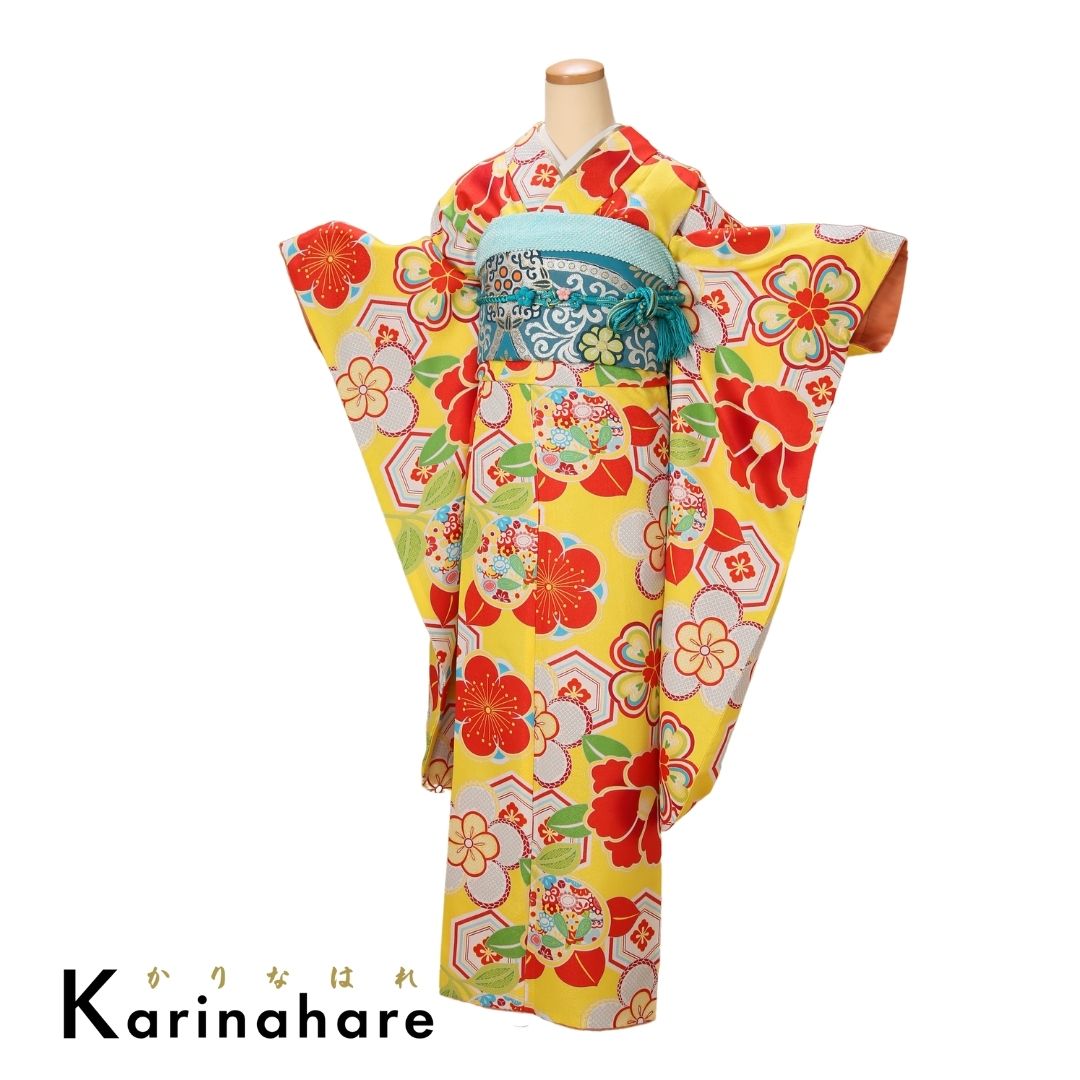 きほ振袖セットF416-105 黄色の地に椿と梅花菱亀甲菊などの橘文が描かれた振袖