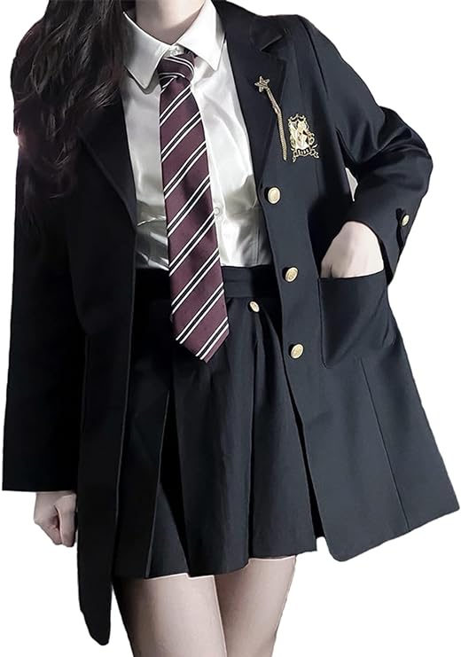 [Sky]女子高生 制服 ブレザー ロング丈 学生服 チェック柄 プリーツスカート ネクタイ 長袖シャツ 4点セット お揃い スクール ジャケット コート 女子高校生 セーラー服 女子制服 JK制服