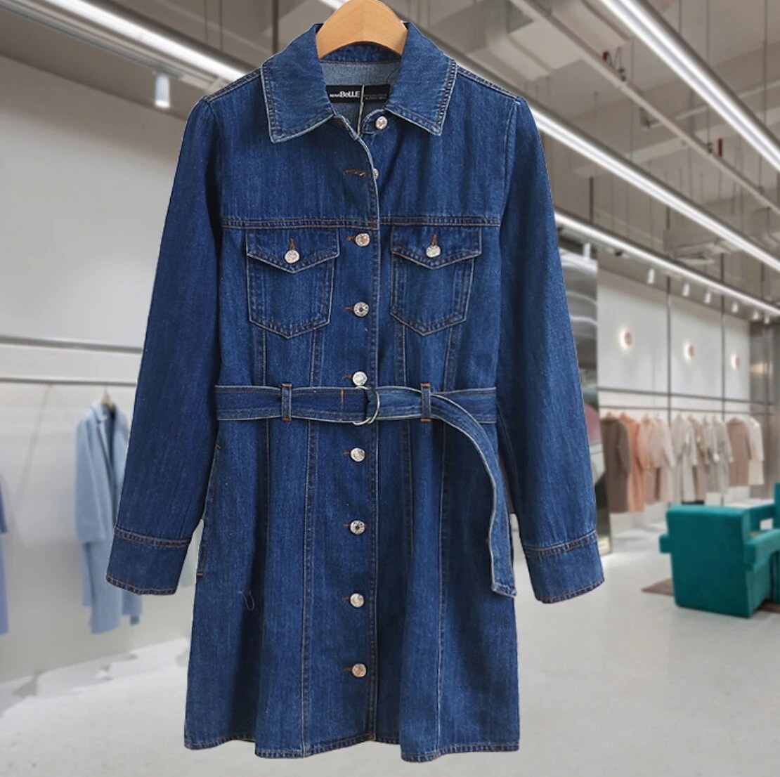 ワンピース デート かわいい 大人可愛い きれいめ シンプル カジュアル 大人 上品 おしゃれ デニム ミディアム丈 無地 長袖 襟付き 春秋 XS 韓国 ブルー ガーリー 休日　旅行 楽ちん モテ