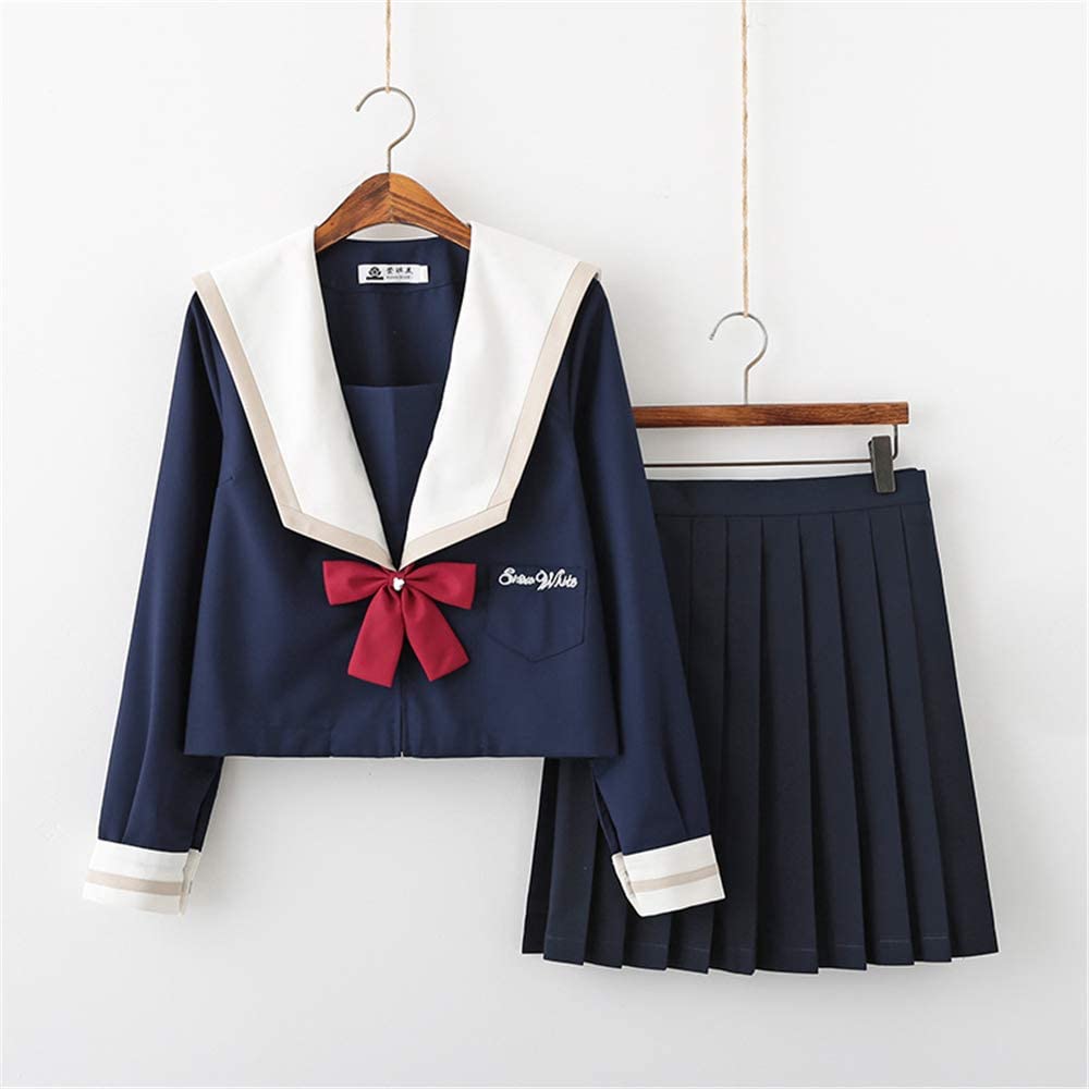 コスプレ女子高校制服ネイビーゆったり長袖半袖選べる 可愛い 綿 上着+スカート+金魚結び 三点セット