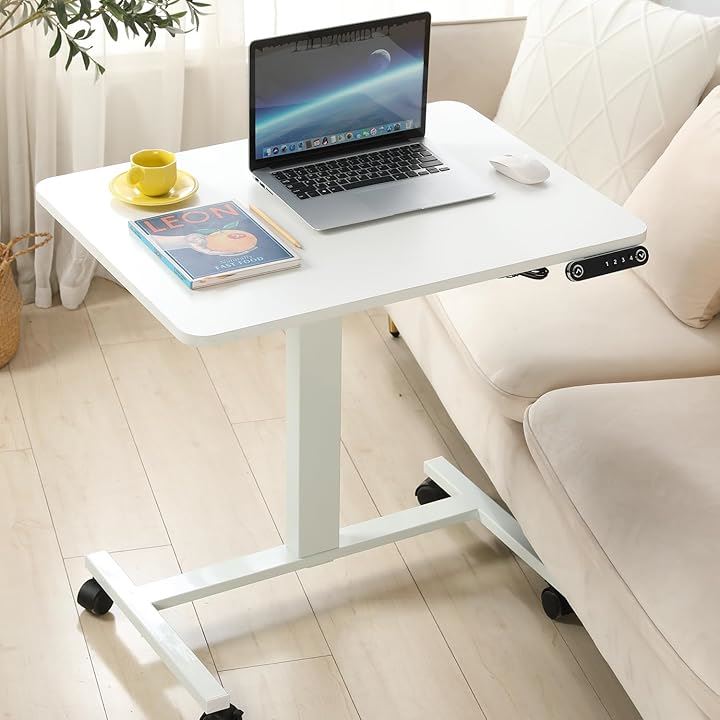 パソコンデスク 昇降式 サイドテーブル 電動昇降式 幅80CMx奥行60CM 介護テーブル PC ベッドテーブル 高さ調節可能 メモリー機能付き(ホワイト, 80x60CM)