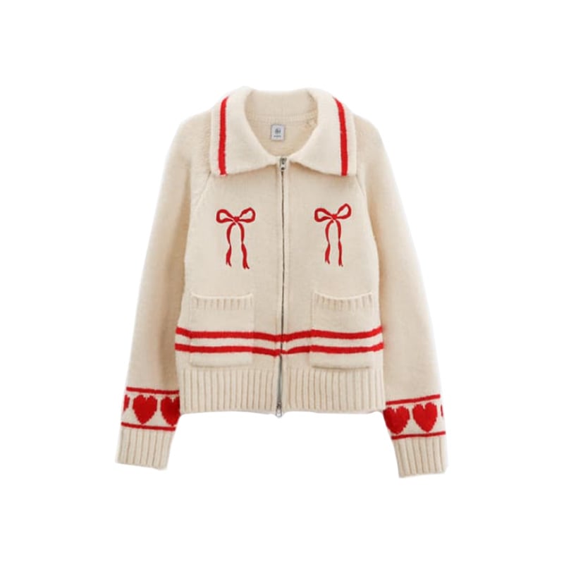 [ITZY ユナ 着用] HEART RIBBON COWICHAN KNIT ZIP UP 長袖 チャック付き 韓国 アイドル レディース かわいい おしゃれ