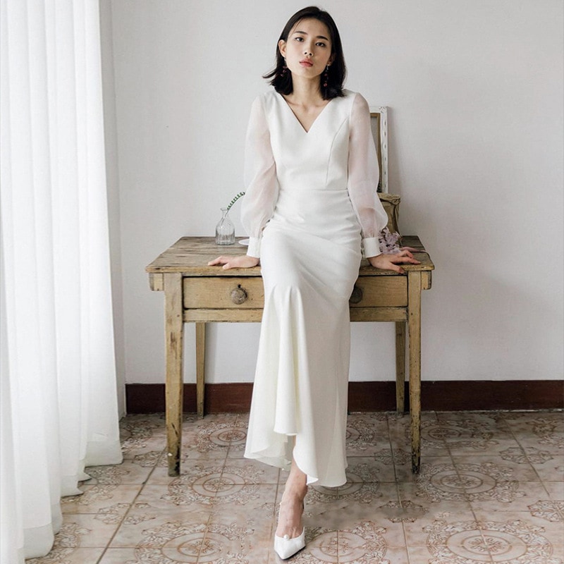 ホワイト ウェディングドレス　Aライン　長袖 ロングドレス ウェディングドレス レース 素地 ファスナータイプ　xs～xxl　Wedding Dress　お花嫁　結婚式　旅行撮影演出　レディースウ