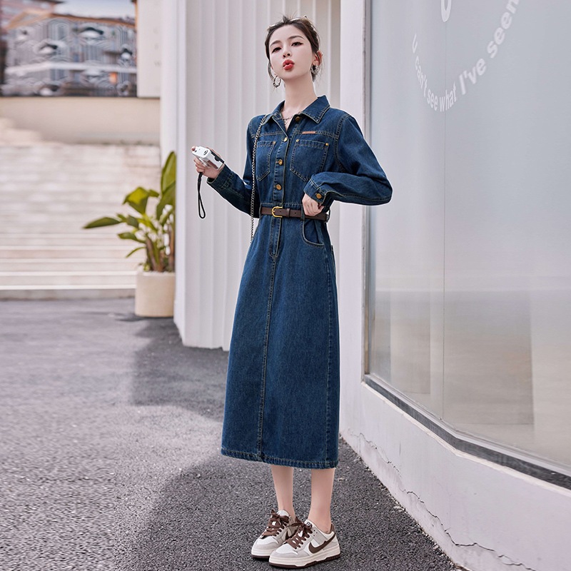 ワンピース ロングワンピース デニムワンピース 長袖 襟付き ポケット バックスリット ベルト付き デニム かわいい 大人可愛い きれいめ シンプル 上品 おしゃれ カジュアル こなれ感 個性的