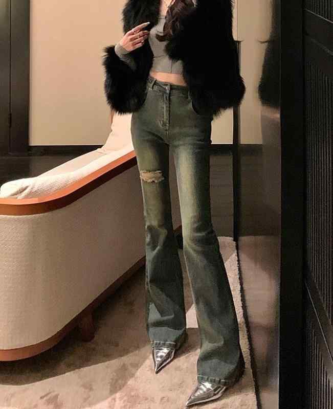 デニムパンツ レディース ダメージ ジーンズ クラッシュ ボトムス レトロ カジュアル 春秋 ハイウエスト フレアパンツ 韓国 ウォッシュド ブルー