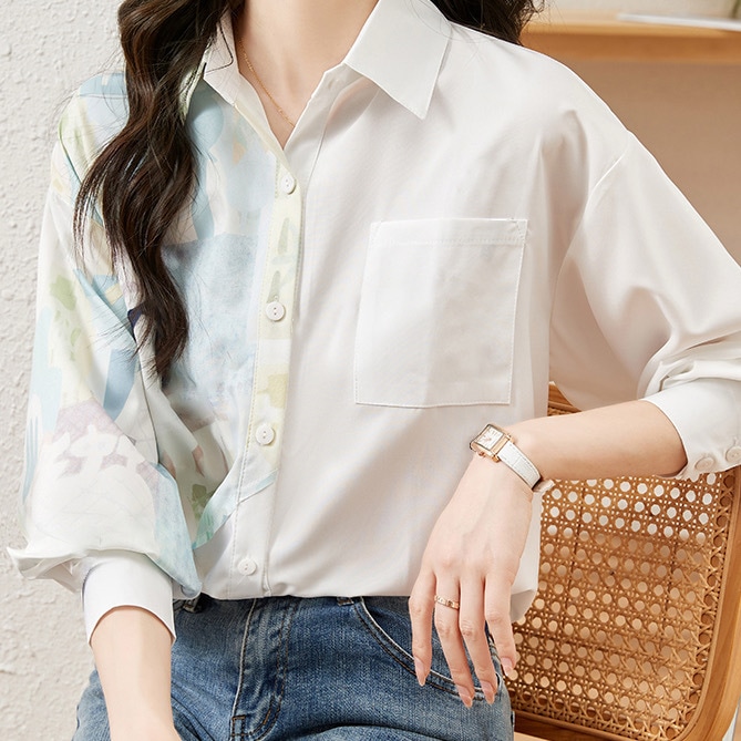 レディース トップス シャツ 白シャツ 前開き 普通丈 レギュラー丈 タックイン 裾イン 長袖 襟付き ポロカラー ストレート アシンメトリー 切り替え スマート フェミニン ポケット コンサバ