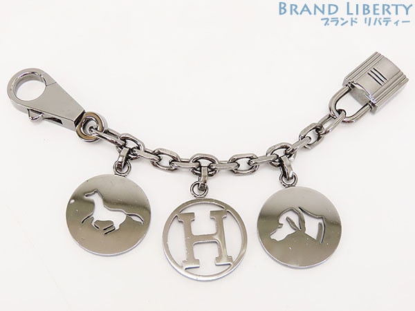 激レア美品エルメスブルロックアミュレット4カデナホースHドッグチェーンチャームキーリングキーホルダーメタリックシルバー