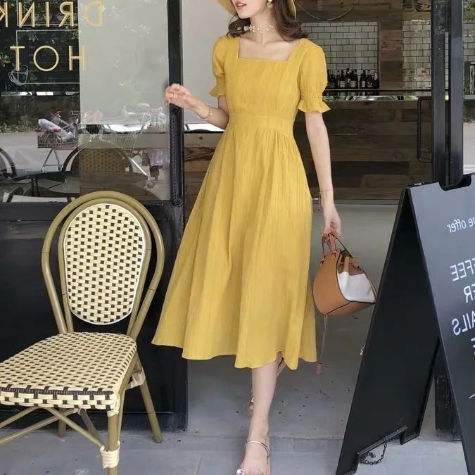 ワンピース レディース ミディ丈 半袖 パフスリーブ スクエアネック Aライン ウエストマーク ハイウエスト かわいい 大人可愛い シンプル カジュアル 上品 おしゃれ レトロ アジアン こなれ感 ラ