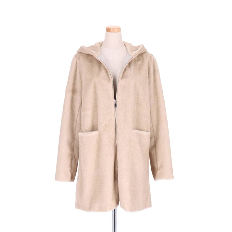 エコファー コート フード付き フェイクファー ジャケット ベージュ ファスナー レディース 送料無料 ギフト プレゼント