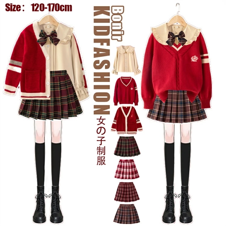 赤系 卒業式 七五三 入学式 スーツ 女の子 フォーマル スーツ スカート 女の子 カーディガン プリーツスカート チェック柄 長袖 ブラウス フォーマルスーツ キッズ オシャレ お受験 面接 子供ス