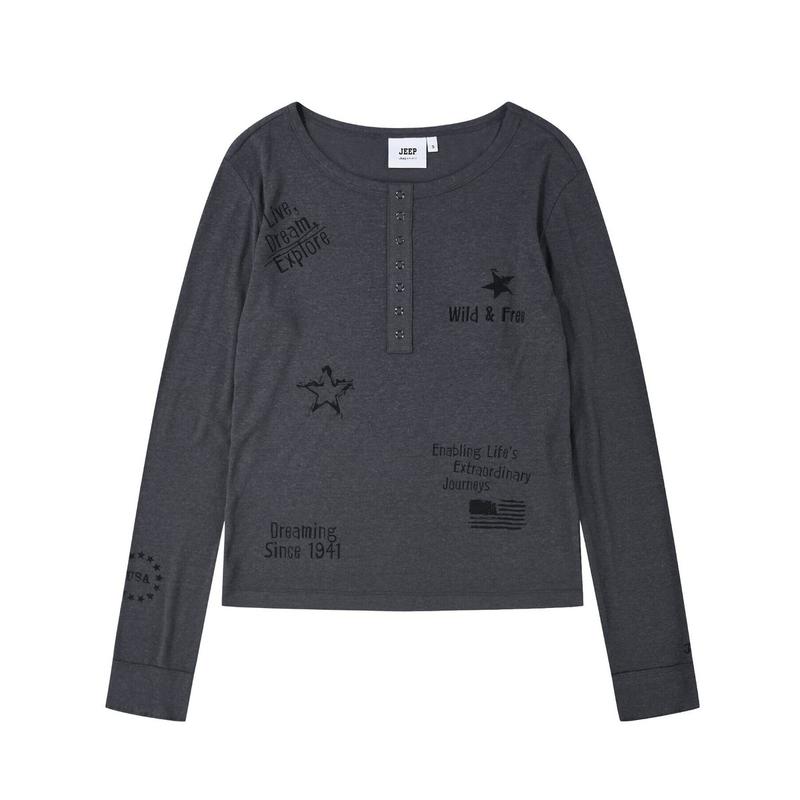 JR2TSF022 ダークグレー 女性用 リネン レタリング ヘンリーネック Tシャツ_SC