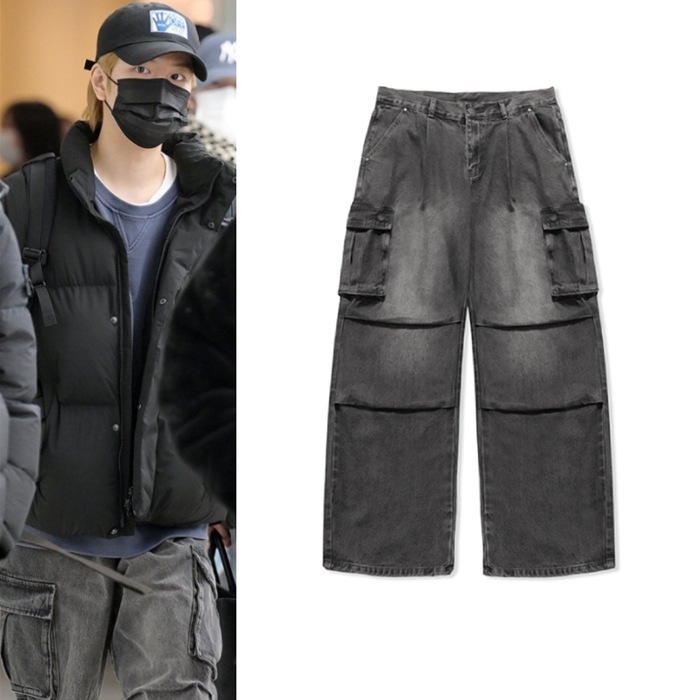 【Stray Kids着用】DIMITRI BLACK ワンタック パラスーツ カーゴ ジーンズ グレー