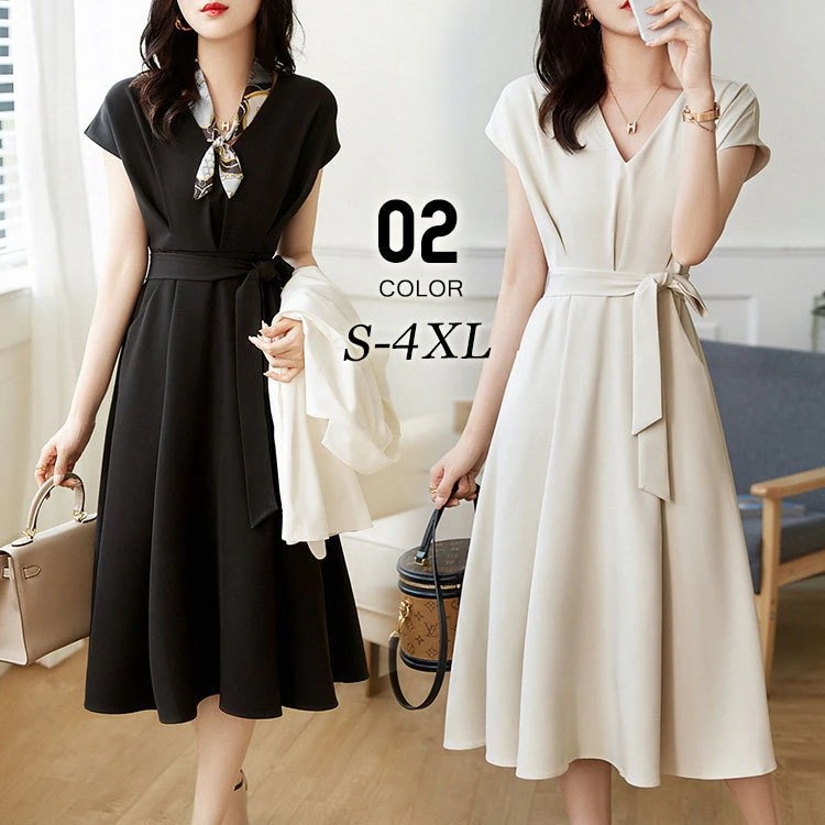 ンワンピース日系簡約風ワンピース レディース 夏 シフォン 無地 vネック ロング マキシ丈 通勤着 可愛い ベルト付き ワンピース