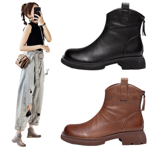 トップコート牛革ショートブーツレディース秋のバックジッパー太ヒールカジュアルミドルブーツ本革マーチンブーツ