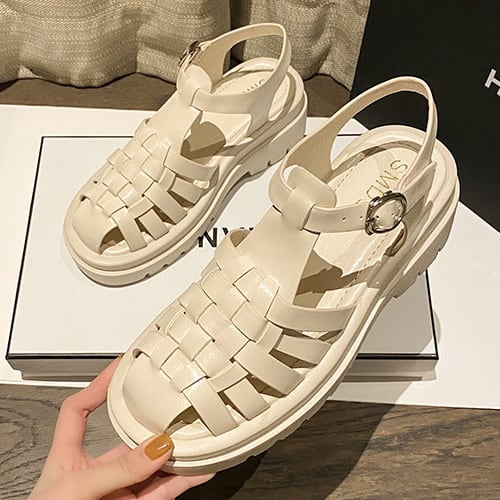 レディースシューズ 婦人靴 厚底シューズ ミドルヒール ストラップ付きサンダル 厚底サンダル グルカサンダル ラウンドトゥ アーモンドトゥ レザー調 フェイクレザー メッシュ 無地 lsho0209