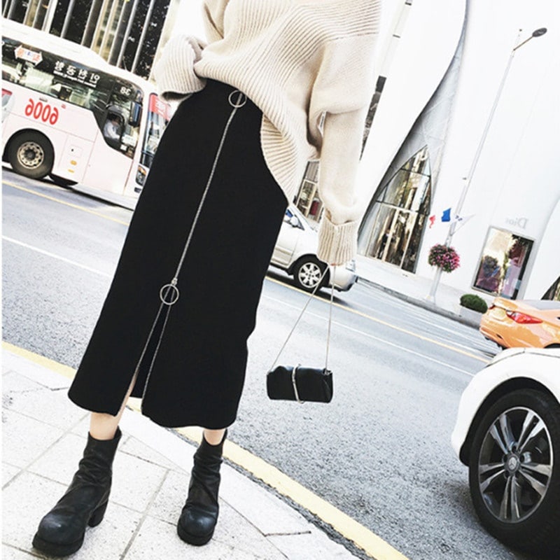 3130.大きいサイズあり ミドル丈カジュアルタイトスカート（ブラック）2019 春夏秋 お出かけ用 通勤