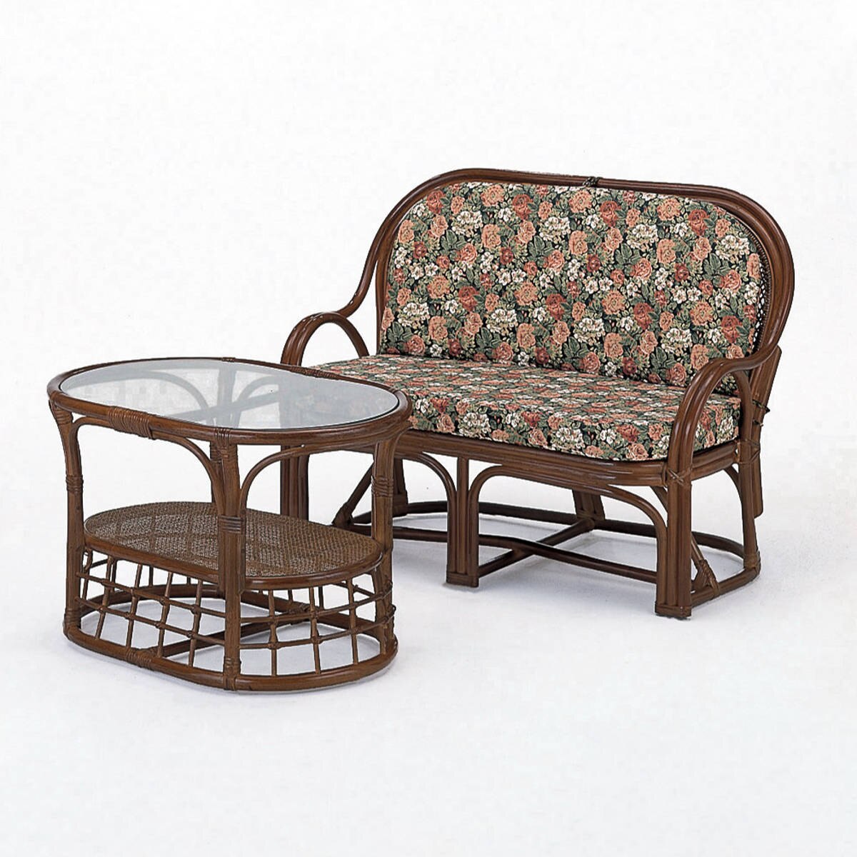 籐 リビング2点セット ラブソファ サイドテーブル ラタン ソファ 2人掛け チェア テーブル ラタン家具 ラタンチェア ガラステーブル 籐家具 センターテーブル リビングテーブル 和モダン