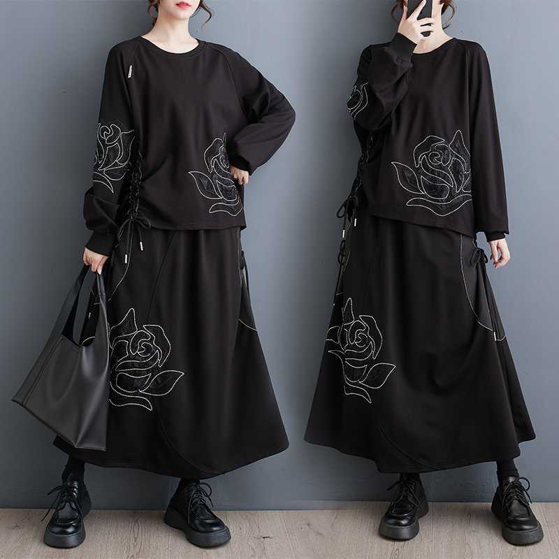 2024新作 花柄 刺繍 ゆったり 上下セット おしゃれ レディース セットアップ 巾着 スウェット＋スカート メガ割