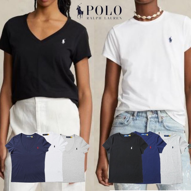 本物保証 ラルフ レディース コットン Vネック & クルーネック ポニーししゅう 半袖 Tシャツ 4 カラー(ブラック / ヘザーグレー / ネイビー / ホワイト)
