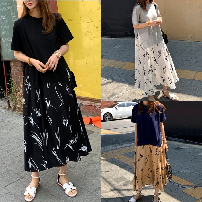 ワンピース フレアワンピース ロング ロング丈 袖あり 半袖 Uネック ラウンドネック 襟なし フレア Aライン 切り替えデザイン ドッキング シフォン 切り替えデザイン ドッキング かわいい