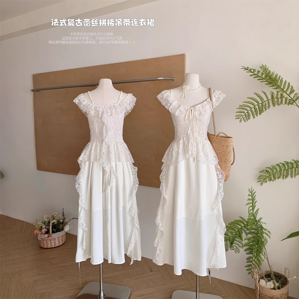2025夏新作エレガントなレースの女神の一文字肩荷の葉辺ワンピース女