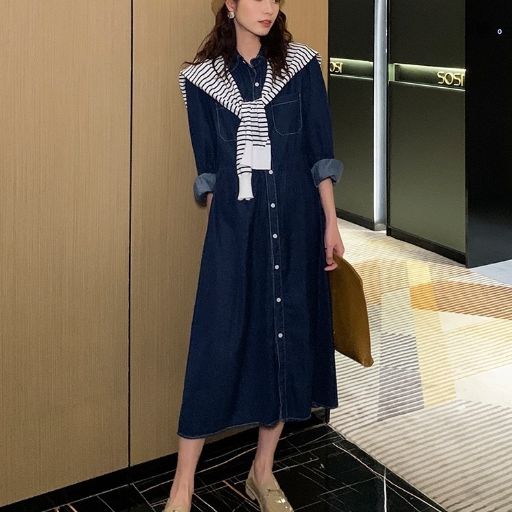 ワンピース レディース マタニティ デニムワンピース M L XL 2XL 韓国 シャツワンピース 長袖 ミモレ丈 襟付き Aライン 切り替え ブルーデニム かわいい 大人可愛い シンプル カジュアル