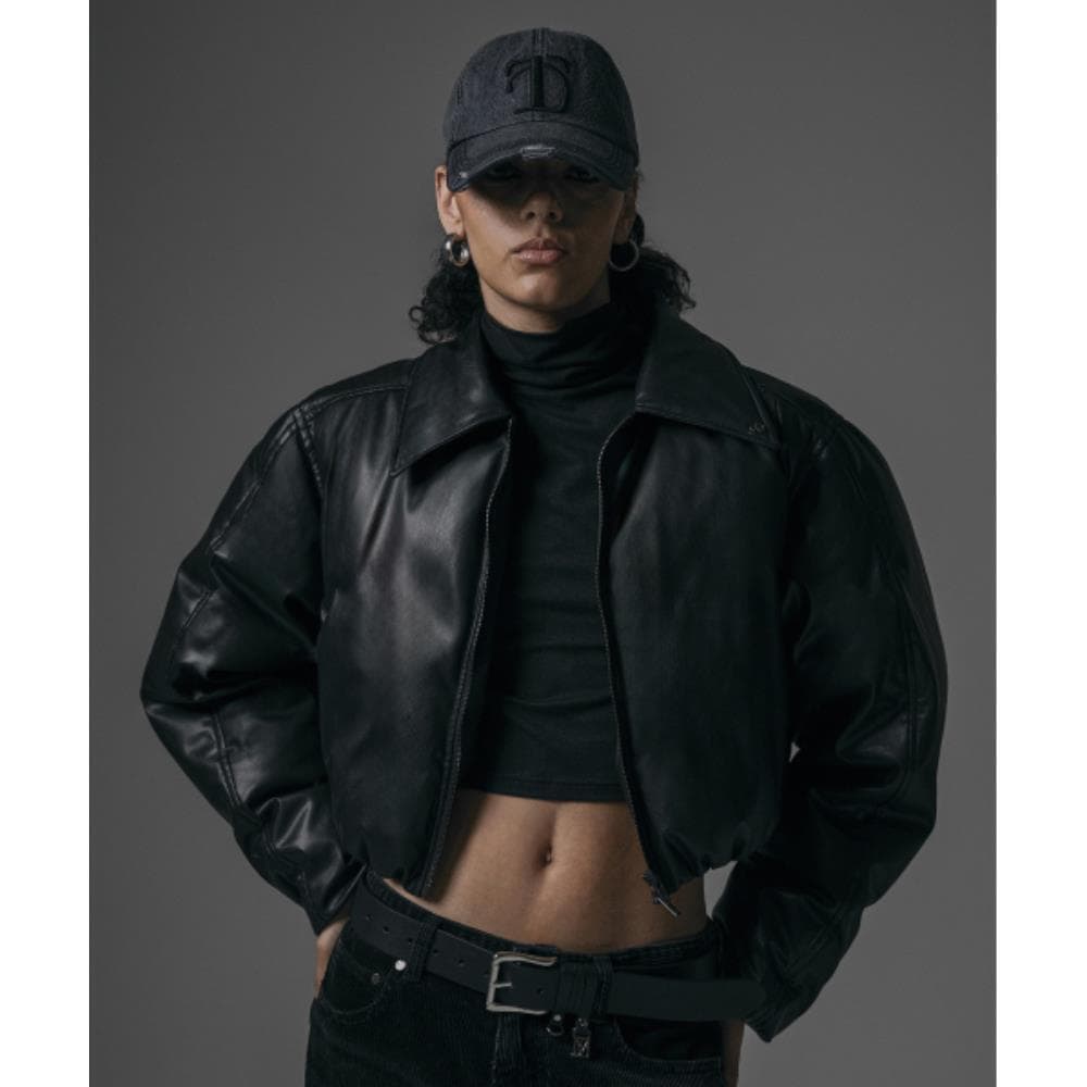 TREEMINGBIRD Matt Leather Short Padding Jumper Black T