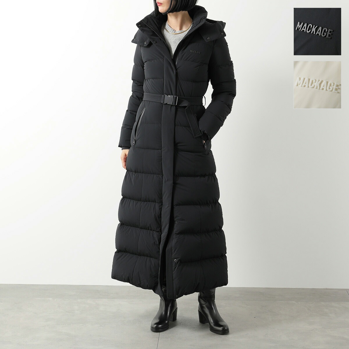MACKAGE マッカージュ ダウンコート CALINA-CITY レディース ダウンジャケット ストレッチ キルティング ロゴ フード付 ロング丈 カラー2色
