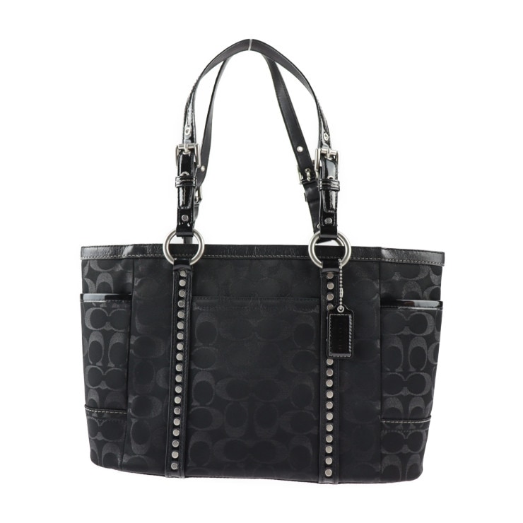 美品 COACH コーチ ハンドバッグ F12853 シグネチャー スタッズ トートバッグ キャンバス レザー ブラック シルバー金具 ショルダーバッグ 本物保証 中古