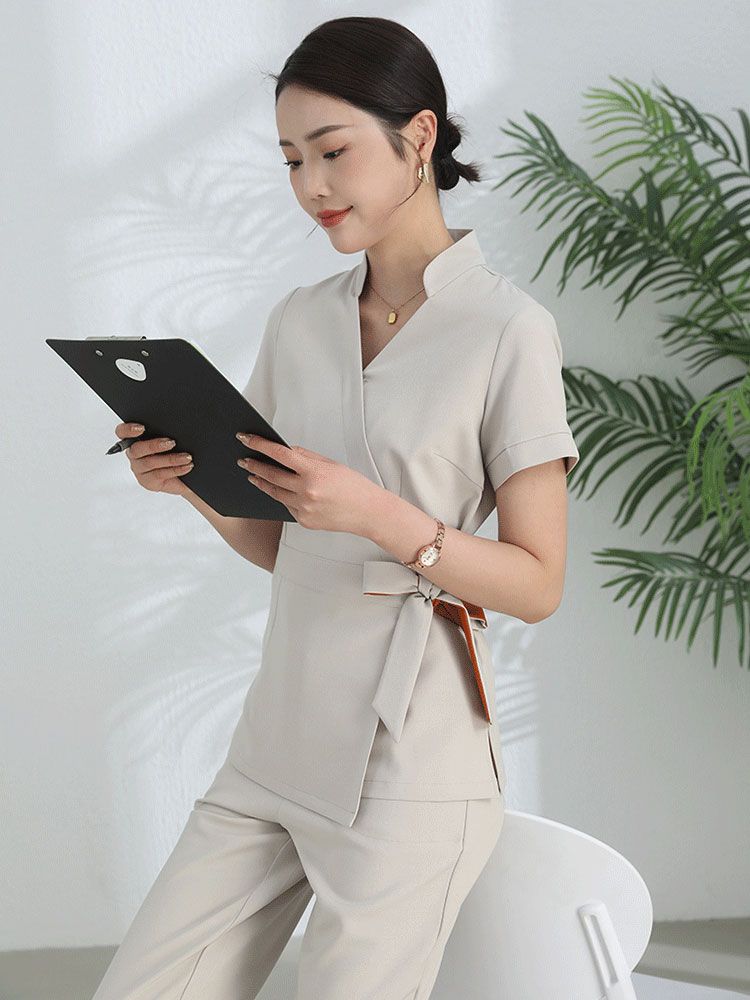 2枚購入で 3oo円FFユニフォーム エステ サロン通勤 レディース 女性 制服おしゃれ 半袖 七分袖 ジャケット 上下セッ-a065