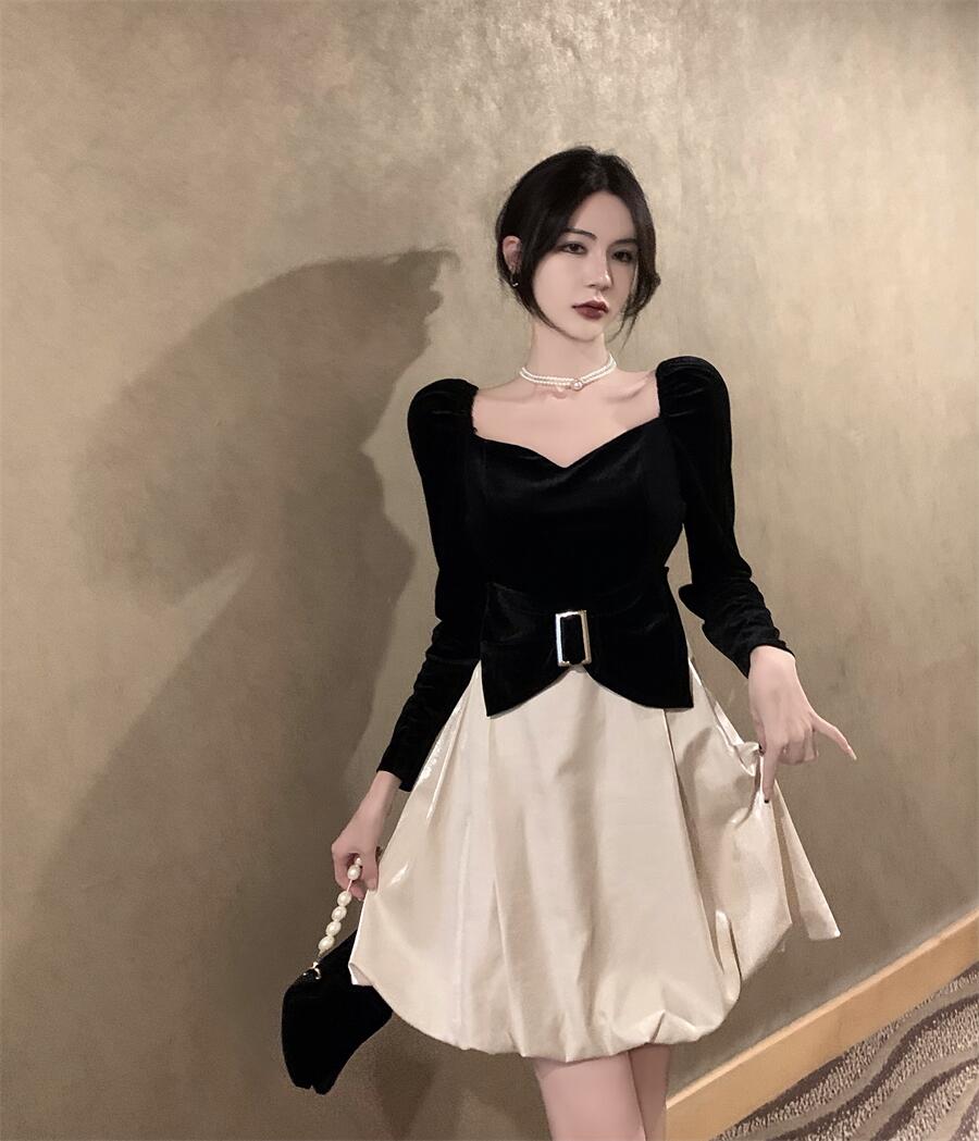 ワンピース リボンデザイン ドレス パーティードレス 長袖 新作 韓国ファッション