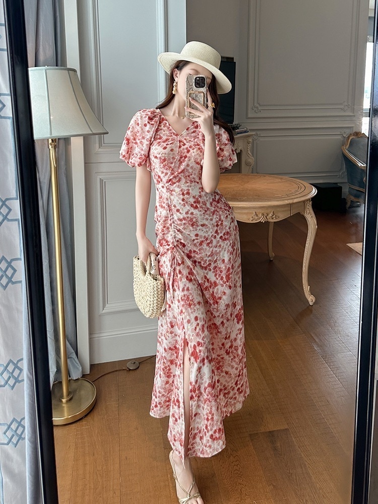 【JY.上品】 2025夏新品 花柄 vネック 巾着 ドレス パーティー キャバ 大人 同窓会 披露宴 卒業式 結婚式 演奏会 ウェディング 二次会 メガ割