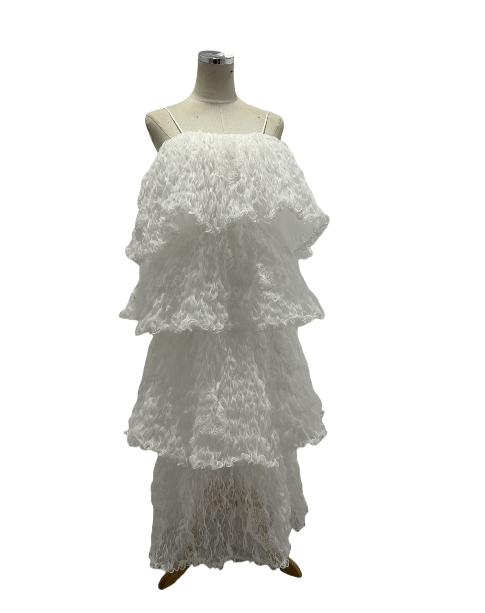 ウェディングドレス 柔らかく重ねたチュールスカート 流れる透け花レース キャミソール ロング オフホワイト 花嫁