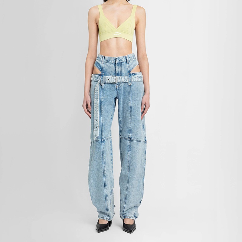 2024 ウエストレス ストレート パンツ ファッショナブルなデザイン オーバーオール パンツ ウォッシュド ジーンズ レディース