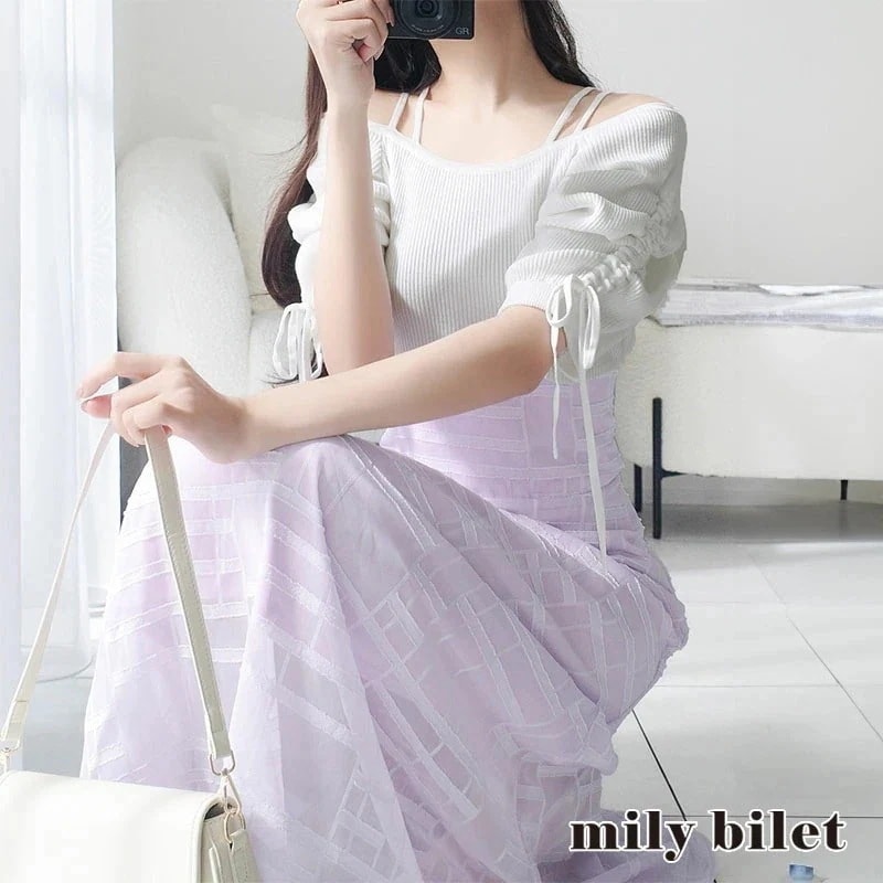 milybilet ワンピース レディース オフショル 2way ドッキングデザイン パフ袖 リボンニット ナチュラル フェミニン ガーリー オパールチェック柄 上品 ハイウエストライン マ