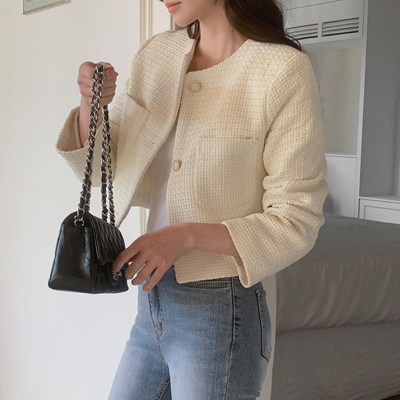 [tjk0446] 韓国ファッションラウンドツイードジャケット