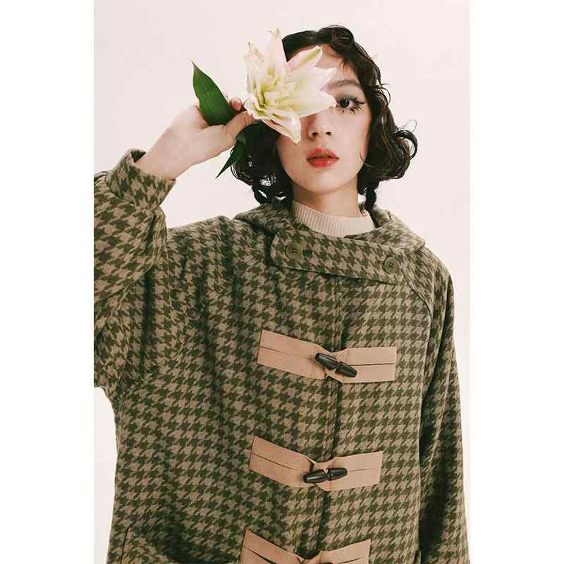 レディース ファッション 服 オシャレ カワイイ シンプル 大人カワイイ 大きいサイズ 緑 鶴 千鳥格 ウール コート 冬 厚手