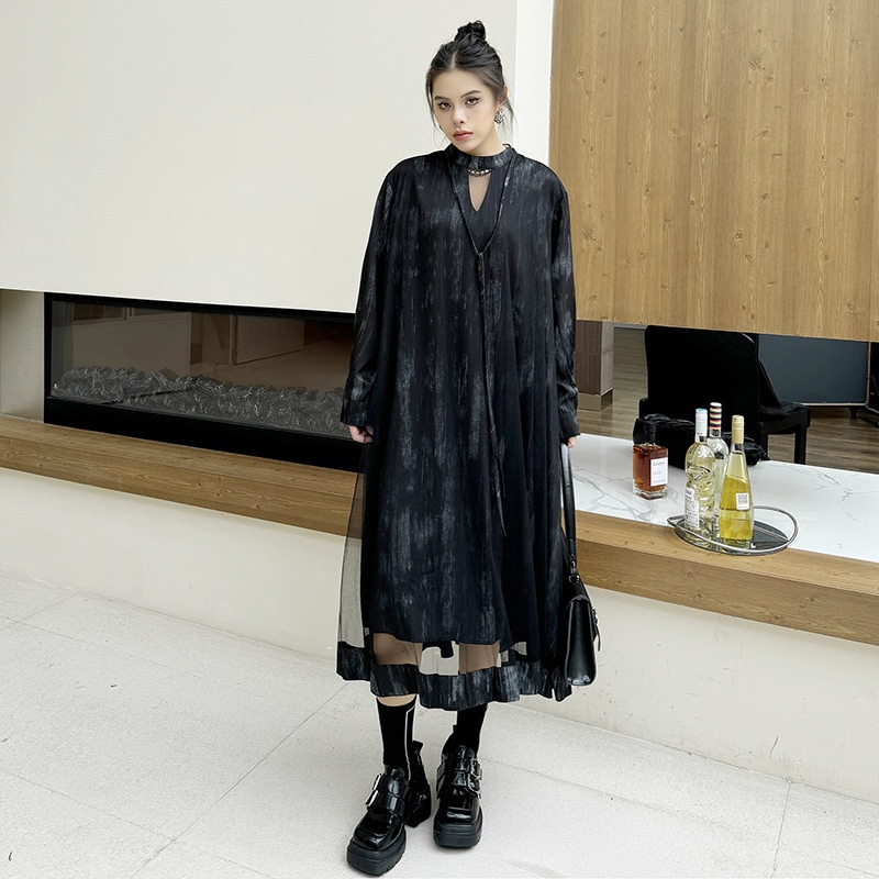 【J.Fashion】 2024秋新品 チュールドッキング ロングワンピース 偽2セット フランス風 レディース ワンピース メガ割
