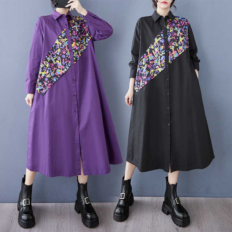 大きいサイズ メガ割 花柄 2025秋 シャツワンピース 長袖 体型カバー 「ファットガール」 レディース