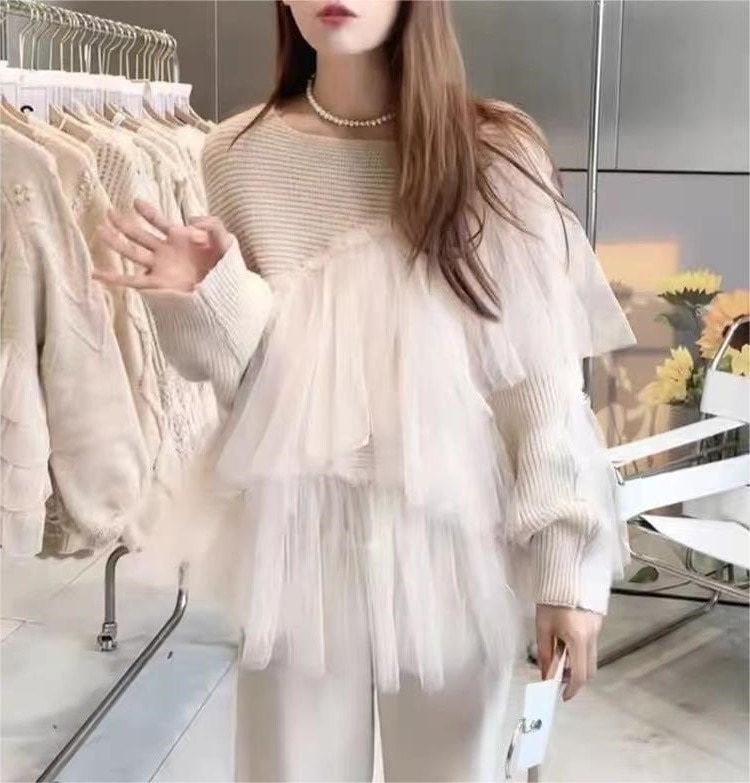 チュール付きニットプルオーバー アシンメトリーニット フリル付きニット チュール フリル ニット セーター プルオーバー アシンメトリー アシメ服 ホワイトアプリコット ホワイト 白 クリーム