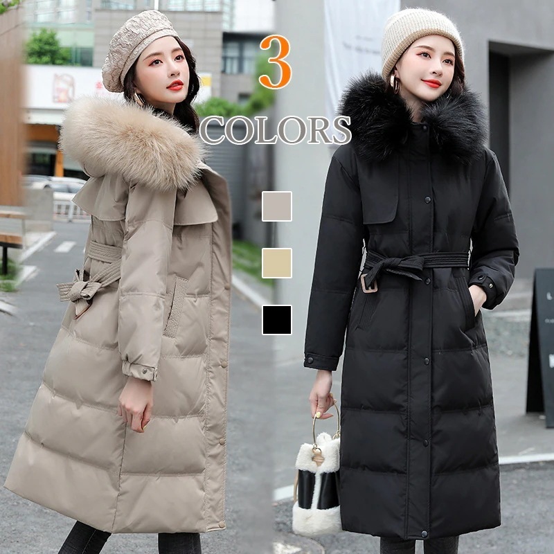 [最安値挑戦]！ウエストベルト付きロングコート エコファー付きトレンチ風中綿ダウンコート