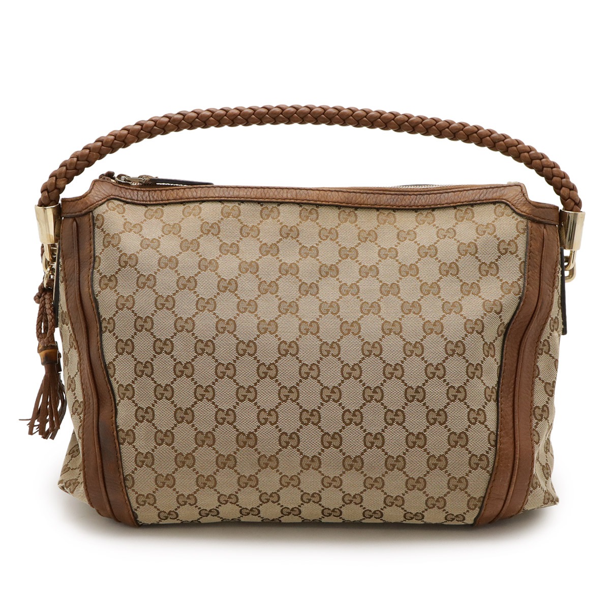 ベラ GGキャンバス バンブー リボン ショルダーバッグ 編み込みショルダー ワンショルダー レザー カーキベージュ ブラウン 26994