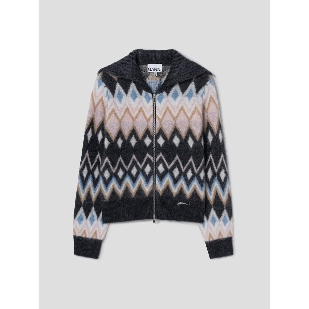 GANNI ファインブラッシュドアルパカカーディガン-ブラック QN515AR035