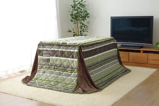 イケヒコ こたつハイタイプ用掛けふとん 長方形 ニードル 約225×265CM グリーン ボーダー #6823179