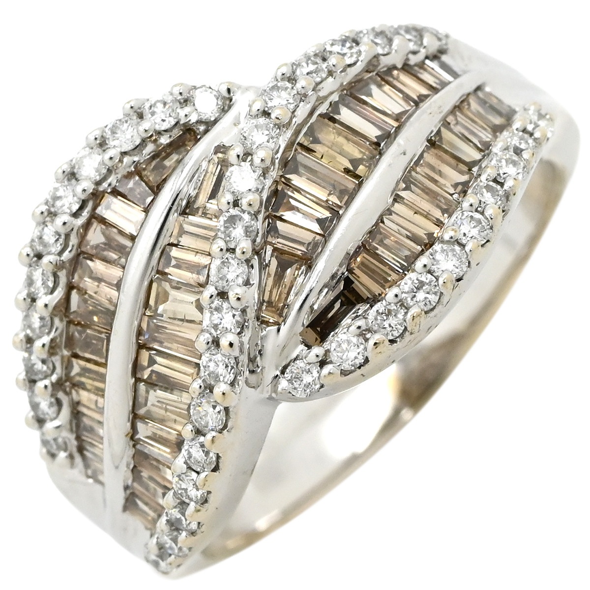 リング 指輪 ダイヤモンド 1.50ct ホワイトゴールド パヴェダイヤ バゲットカット デザインリング 18K 750 WG 17号【中古】