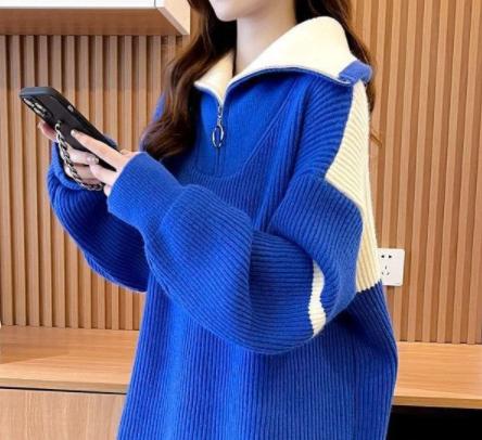 厚手 セミロング タートルネック セーター レディース ゆったり ジ ップアップ コントラストカラー